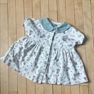Vintage Babar Novelty print knit cotton  Dress Green gingham sailor Collar 24mo